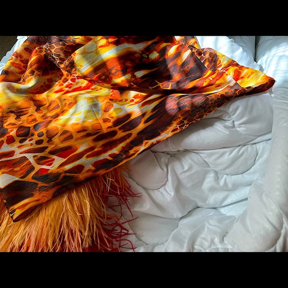 BRONX AND BANCO
Fire-Print One-Shoulder Feather-Cuff Mini Dress - Picture 7 of 9